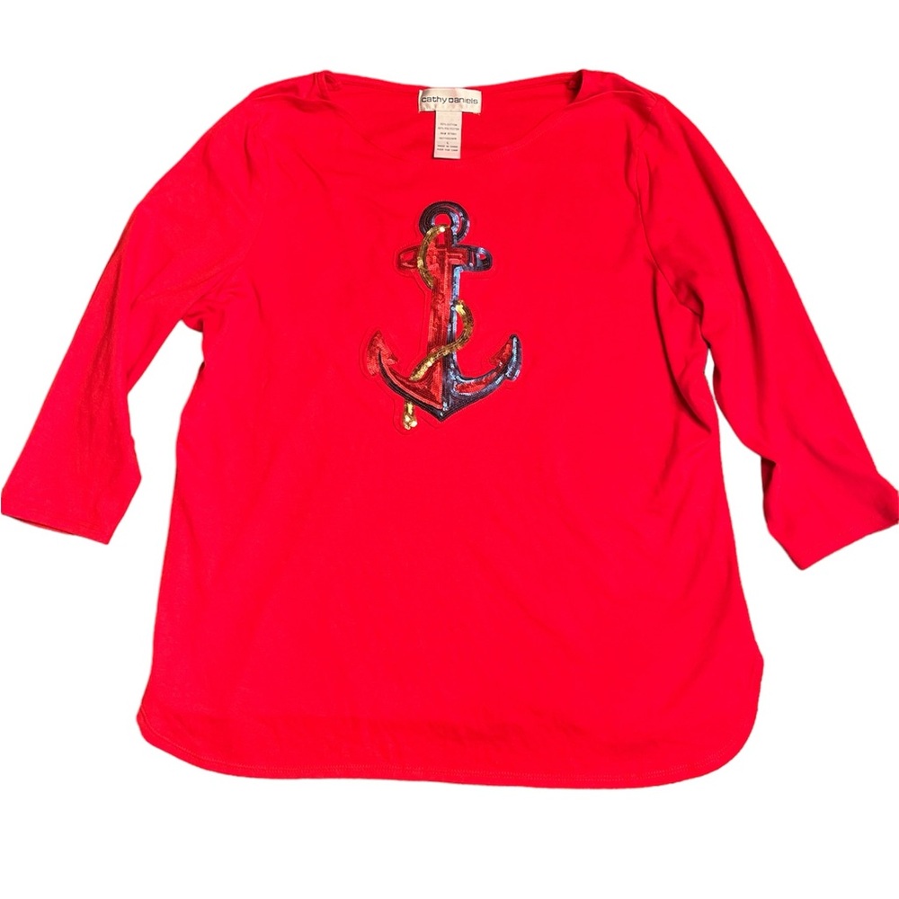 Cathy Daniels women’s pullover 3/4 sleeve red top sequins anchor Size L